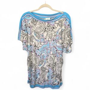 ECI New York XL Paisley Boatneck Ruched Sides Short Sleeve Top Classic Chic Work